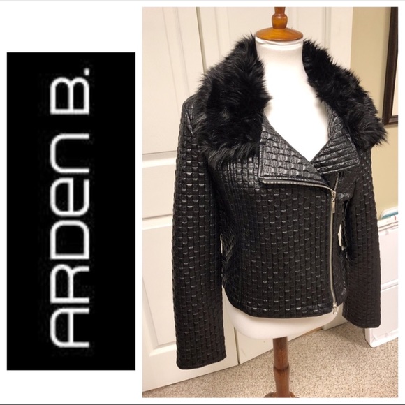 Arden B Black MOTO Jacket Faux Fur Collar M - Picture 2 of 5